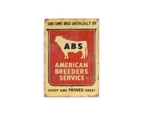 American Breeders Service enamel advertising sign, our cows red artificially by ABS, every sire PROVED great, 34 x 49cms.