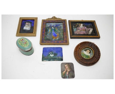 An enamel-on-copper portrait of an angel, in enamelled gilt metal frame, 21 x 14cms wide; together with a selection of enamel