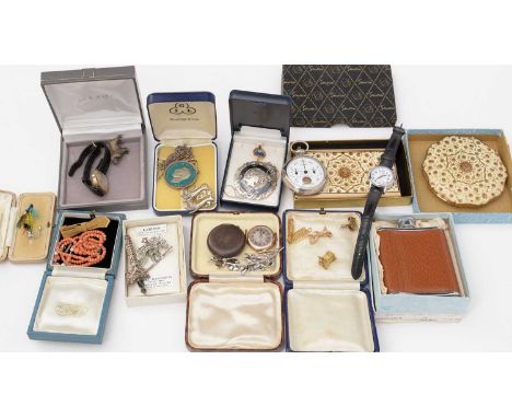 A selection of costume jewellery, including: a Siam silver and enamel pendant; a selection of charms; two 9ct gold cased watc