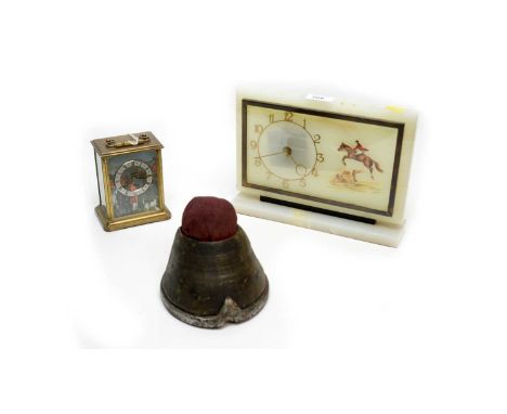 Equestrian interest: onyx mantel clock, with applied pierced gilt metal chapter ring and painted rider on horseback, signed V