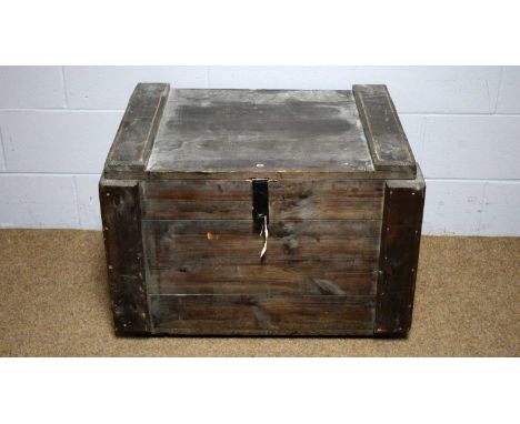 A vintage stained pine storage trunk, 79 x 59 x 55cms high.
