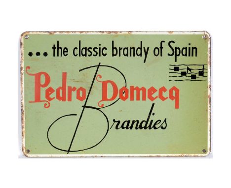 Pedro Domecq Brandies enamel advertising sign, ...the classic brandy of Spain, 38 x 25.5cms.