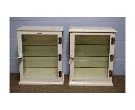 Two vintage white painted metal instrument display cabinets, one with label ‘The Holborn Surgical instrument Co Ltd, London’.