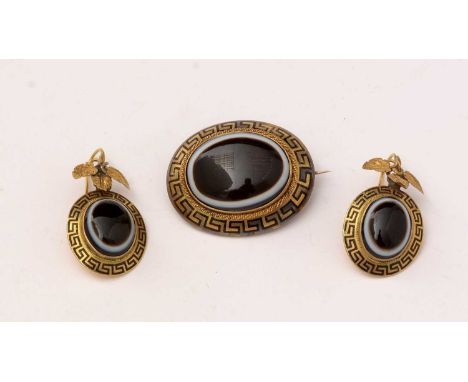 A Victorian gold, enamel and banded agate brooch and matching earrings, each centred by an oval banded agate cabochon, surrou