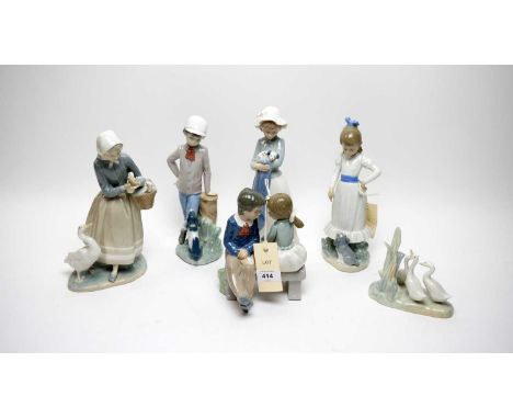 A Lladro figure of a girl with geese, 23.5cms high; together with a Nao goose figure group; and four other Nao figures. (6)