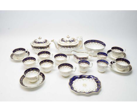 A 19th Century Chamberlain's bone china part tea service, Pattern No. 125, each piece decorated with blue band borders and gi