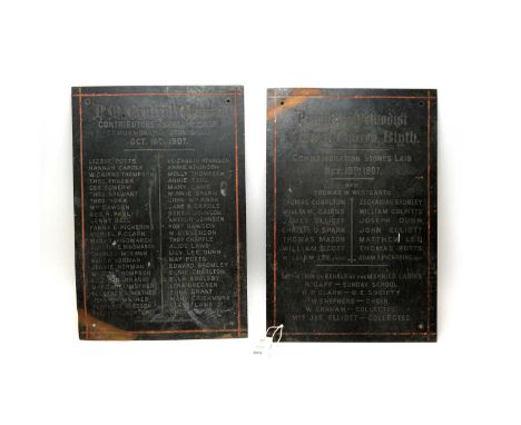 Two early 20th Century Primitive Methodist Central Church Blyth enamel wall signs, relating to commemoration stones laid 1907
