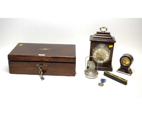 Collectibles, including: Victorian rosewood inlaid writing slope; Elliot Tempus Fugit mantel clock; Art Deco Pifco parrot nig