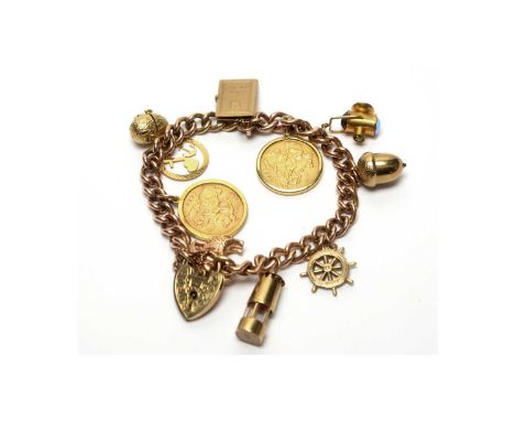 A 9ct yellow gold curb link bracelet, mounted with mostly 9ct yellow gold charms, including acorn, miner's lamp, ships wheel,