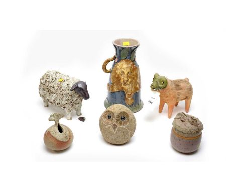 A selection of 20th Century Studio Pottery animal figures, including: Studio Pottery jug with lion motif decoration, Hastings