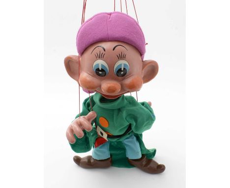 Pelham Puppets for Walt Disney Productions: a carved and painted wooden puppet of Dopey the Dwarf, approximately 50cms high.