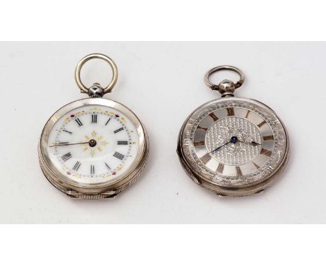 Two silver cased open faced fob watches, one with enamel dial the other silver. 