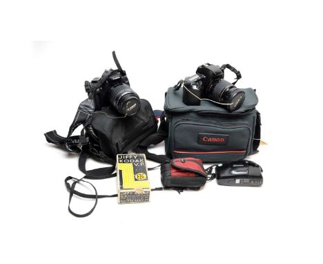 A selection of vintage cameras, including: Canon EOS 500, with carry case; Jiffy Kodak V.P., in box; Canon EOS 350D digital c