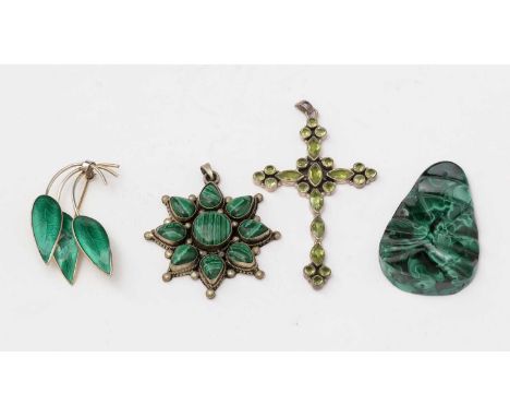 A Norwegian silver and green enamel brooch; a peridot and silver cross-pattern pendant; and two malachite pendants. 