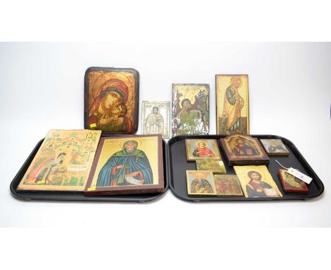 A selection of modern Greek Religious Icons, bearing printed portraits of figures including Jesus; together with other modern