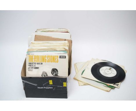 A selection of 45rpm records, by artists including: The Rolling Stones; Sam Cooke; Joni Mitchell; Fats Domino; Chuck Berry; a