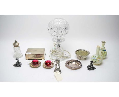 A selection of silver, crystal and glass ware, including: silver cigarette box, with presentation inscription dated 1985; Map