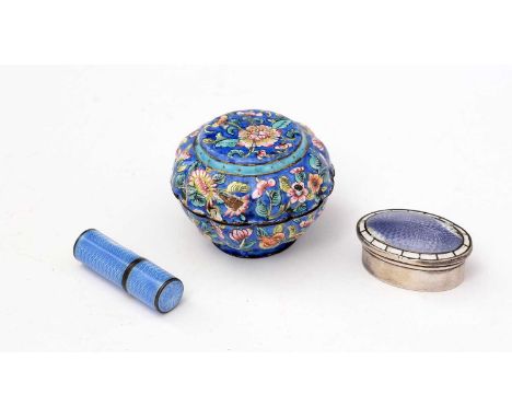 A silver and engine turned enamel scent bottle case, holding a miniature glass scent bottle; a silver and enamel pill pot, by