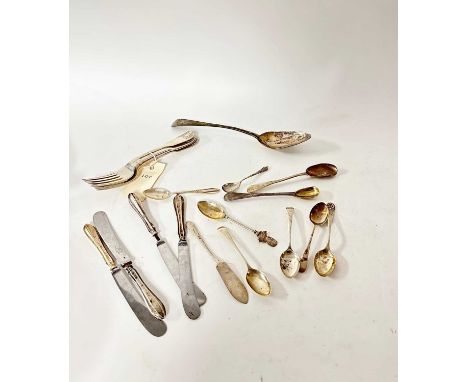 A selection of silver cutlery, including: set of four Scottish silver forks, Edinburgh 1855; Georgian silver table spoon, mak