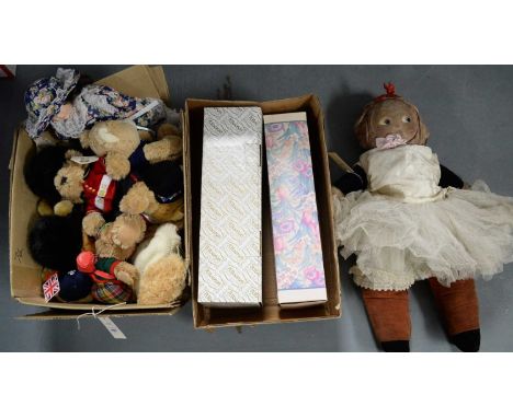 A collection of vintage stuffed teddy bears, porcelain dolls, and others, including: Alberon ‘Glenda’ doll, in box; The Knigh