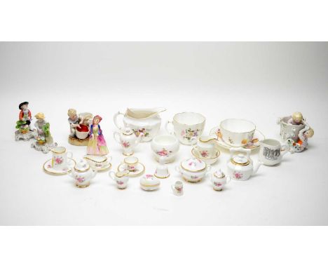 A selection of decorative ceramics and tea wares, including: Royal Doulton figure of ‘The Paisley Shawl’; pair of Sitzendorf 