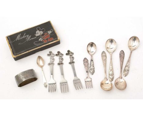 Walt Disney Productions Mickey Mouse cutlery, including: a sterling silver teaspoon with Mickey Mouse finial; a Mickey Mouse 