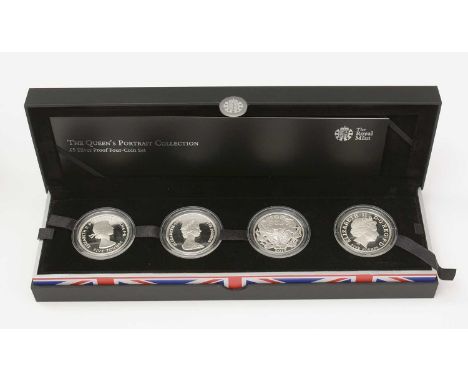 Royal Mint The Queen's Portrait collection £5 silver proof four-coin set, in fitted case with certificate and booklet, boxed.