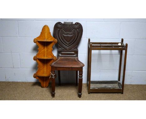 A birdseye maple corner wall shelf, 30 x 84; a 19th Century mahogany hall seat, 42 x 42 x 90cms high; and an early 20th Centu