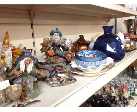 SHELF OF POTTERY, FANTASY FIGURES, GLASS AND METAL WARE       K4