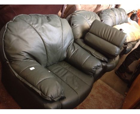 A 3 PIECE GREEN LEATHER SUITE WITH POUFFE