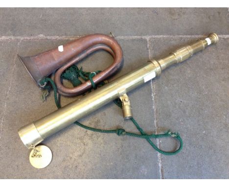 BRASS REPRO TELESCOPE AND A COPPER BUGLE