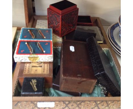 WOODEN BOX OF PLAYING CARDS, CHESS PIECES ETC.    AND A PRINT      F2