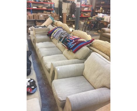 A 3 PIECE LIGHT BROWN CLOTH SUITE WITH POUFEE