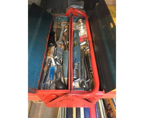 RED METAL TOOL BOX AND TOOLS