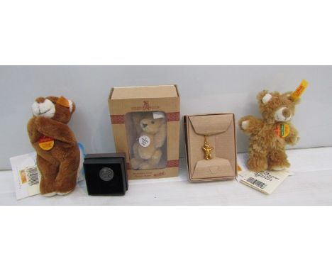 A selection of Steiff collectors club pieces including bear, necklace, badger etc 