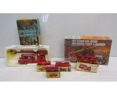 A boxed Corgi 1127 fire engine boxed Dinky Fire Cheifs car, boxed Lego Biler fire engine, two boxed Matchbox series fire vehi