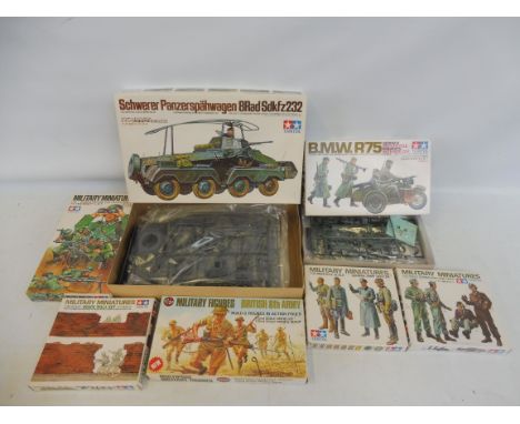 A selection of Tamiya plastic model kits, mainly German WWII including the Panzerspahwagen (7, all unchecked).