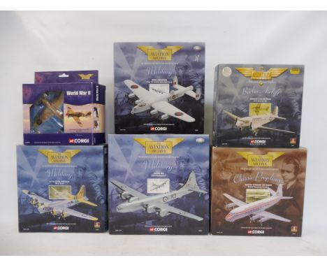 Six boxed Corgi Aircraft 1/44 scales models including the Avro Lancaster, the RAF Washington Boeing B29 etc. all appear in ex