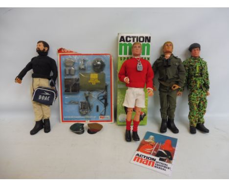 Two original circa 1970s Action Man figures with uniform, two 40th Action Man figures, one boxed and an original carded Actio