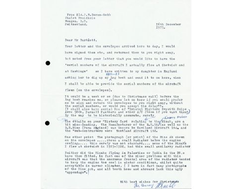 Typed Letter Dated 16th December 1975 Signed by J E Doran Webb Qualified RAF Pilot 13th March 1924 at RAF Duxford Posted to 4