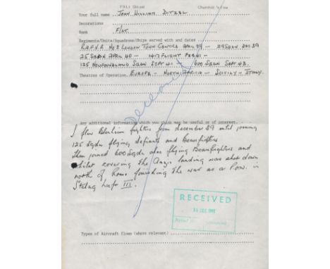 Flt Lt John Ditzel 125 sqn WW2 RAF Battle of Britain fighter ace hand A4 written career info sheet. With ref to Defiants, Bea