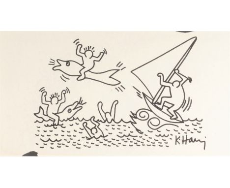 Keith Haring. Circa 86 “Surfers and Dolphins”. Black felt-tip pen on Ingres paper. Signed "K.Haring" in black marker on the l