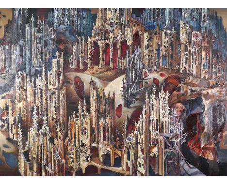 Jean DEBATTICE (1919-1979) imposing oil on panel "THE golden city"Period: XXth - 20th centurySizes: L=1200mm ; H=900mmWeight 