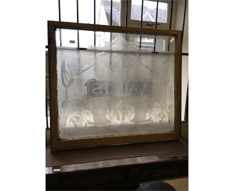Victorian Half Sash Pub Window with Frosted Glass and the word VAULTS, Approx Measurements Height 36 Inches   Width 41 Inches