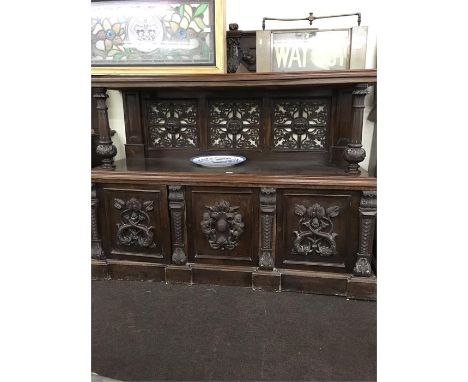 Victorian Oak Carved and Fretted Panel 2 Tier Server , The base has 3 Doors, Wine Cooler behind one door, Single Shelf behind