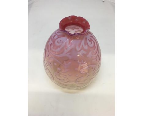 Large Victorian Cranberry & opaline Glass oil lamp shade. The approximate measurements are: Chimney hole 2 inches, Flaire 3 i