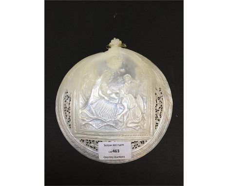 Hand carved mother of pearl plaque calls 