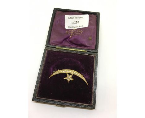 Victorian 15ct Gold half moon & Astarte seed Pearl Brooch boxed 5g
