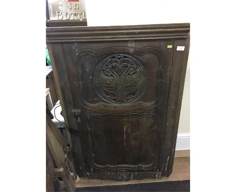 Victorian Oak Corner Cabinet, Carved Door, Shaped Shelf inside. Approx Measurements: 47 Inches tall, 30 Inches