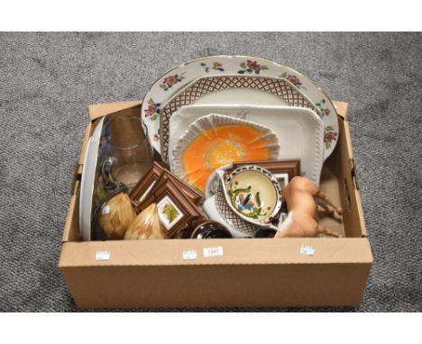 A Shelley Sunburst cake plate, a large Danbury Mint German Shepherds display plate, a water jug having fern leaf etching, fiv